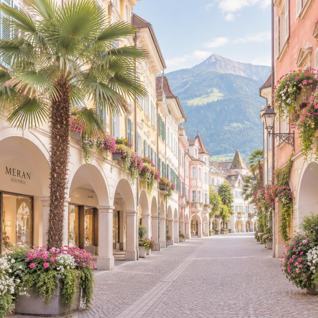 Blühende Laubengasse mit Palme in Meran